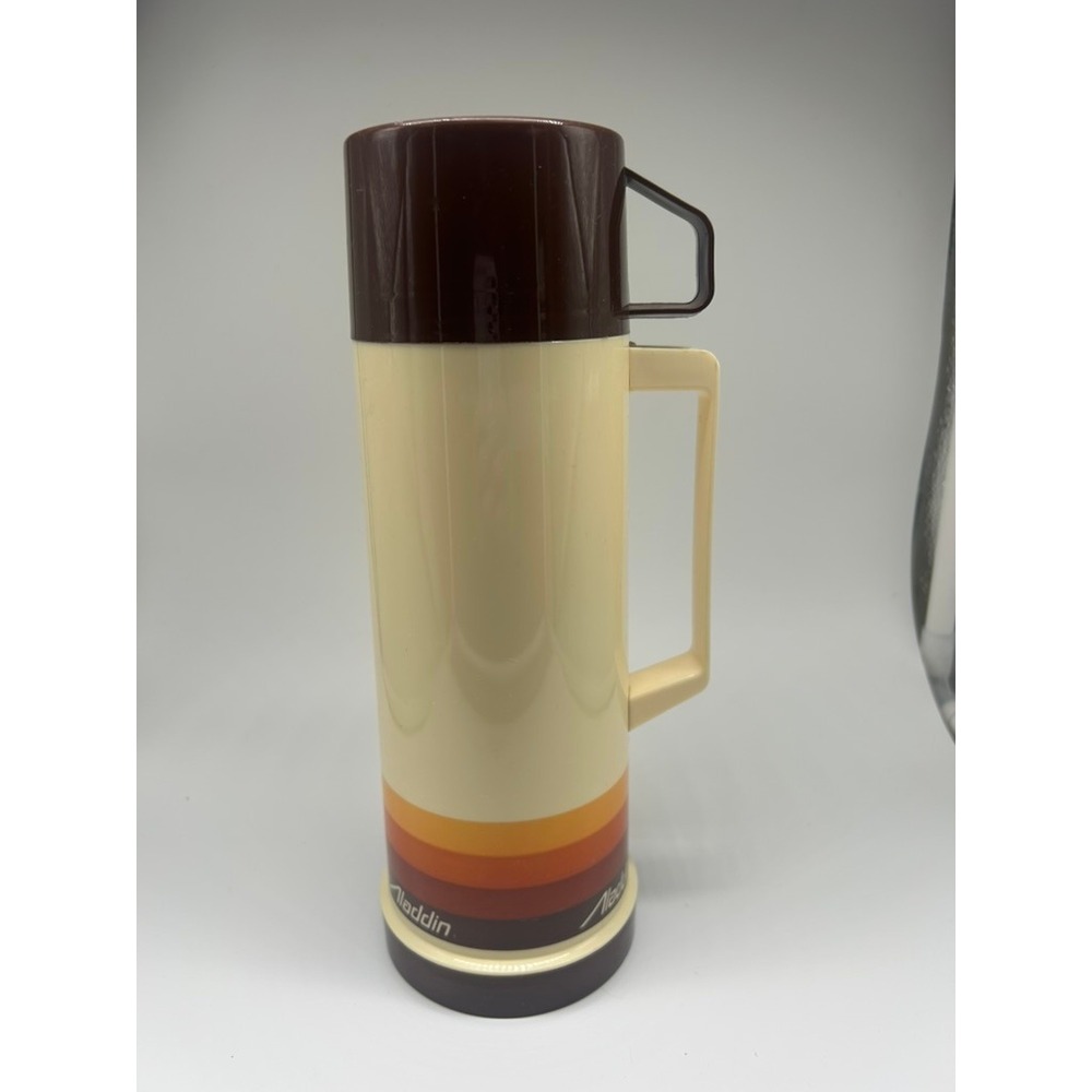 Vintage Aladdin Thermos Sunset Stripe Retro 70s Insulated Bottle with Cup Lid